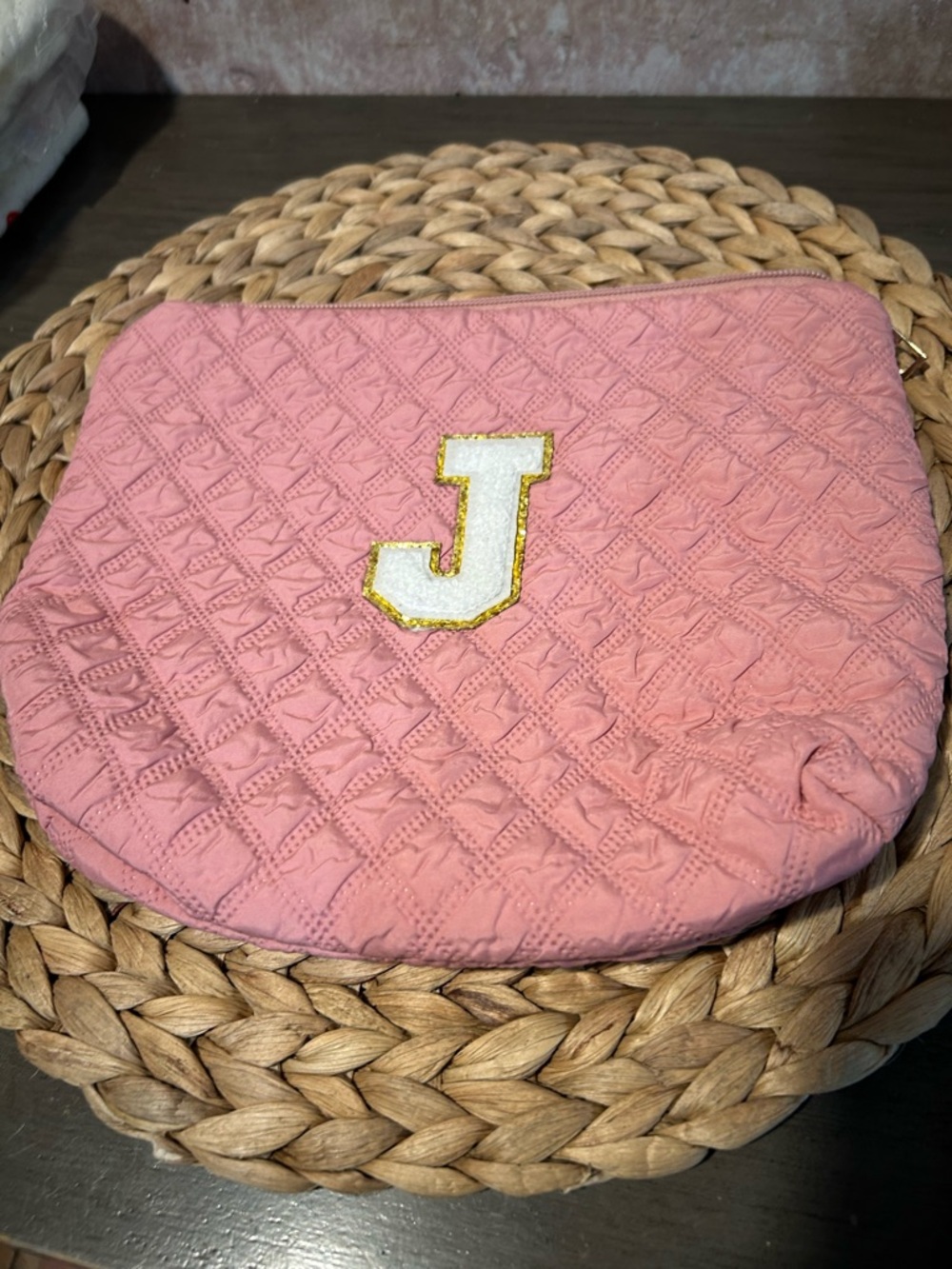 Pink Quilted Cosmetic Pouch with 'J' Initial
